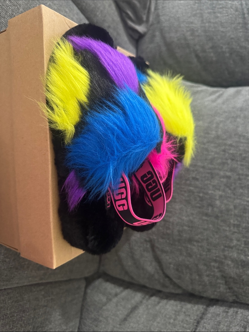 UGG women Multicolor Faux-Fur Slide Sandals - Neon Blue/Pink/Yellow
